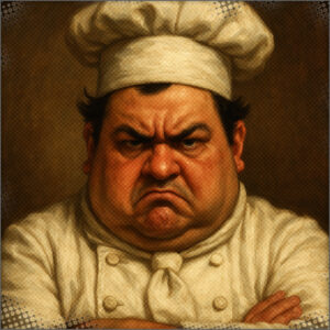 A grumpy looking chef looking for MEadow