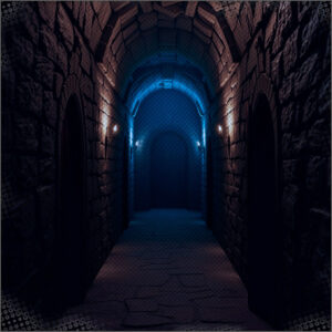 A dimly lit dungeon hallway