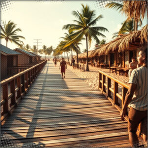 A boardwalk in a tropical location