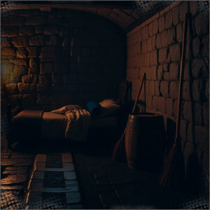 Dark room with a broom