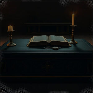 An altar with a book, a necklace and some unlit candles