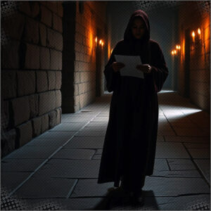 The robe wearing female in the hallway