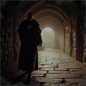 A man getting ready to eat in a dungeon