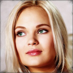 Affinity with her blonde hair and green eyes