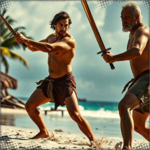 Fighting on the beach