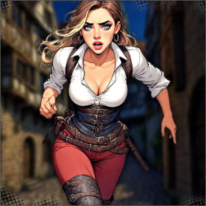 Talia racing up the alleyway