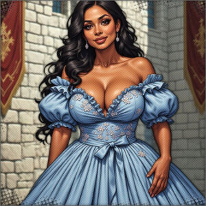 Captain Harlow in a blue dress