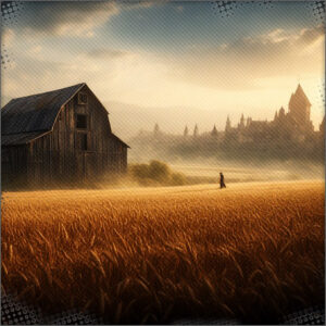 Barn with wheatfield and city