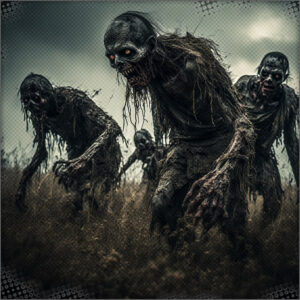 A ghoul or zombie attacks the two