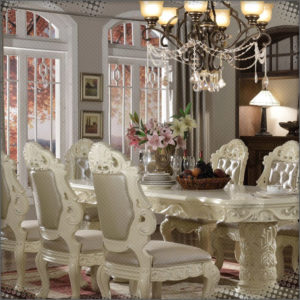 Elegant room with tables and tapestries