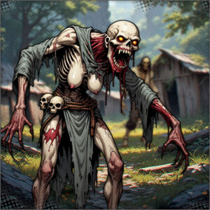 A ghoul or zombie attacks the two