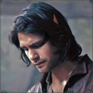 Main character Chance in a leather shirt looking down
